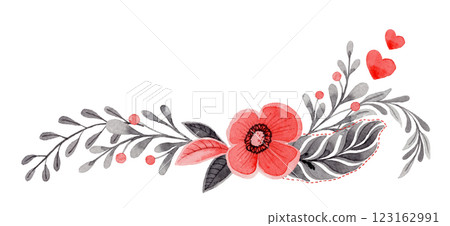 Long arrangement with flower and twig in folk style. Stylized illustration in red and gray colors for wedding invitation creating. Hand drawn composition is perfect for romantic and love designs. 123162991