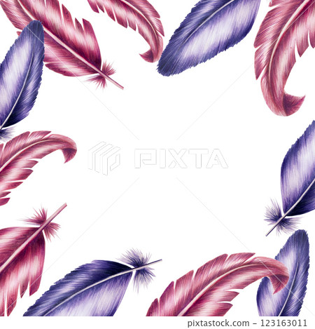 Frame, template with hand drawn feathers. Watercolor realistic illustration isolated on white background. Clip art for designers, cards, invitations, textile, poster, wedding, scrapbooking, covers 123163011