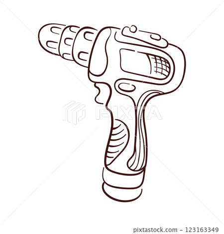 Electric drill in line art style. Drilling machine for household instrument design, hardware store. Isolated on a white background. Electric drill in line art style. Drilling machine for household instrument design, hardware store. Isolated on a white background. 123163349