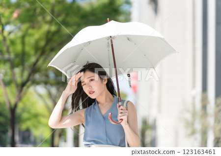 一位打著陽傘行走的女商人在辦公區看起來很性感 123163461