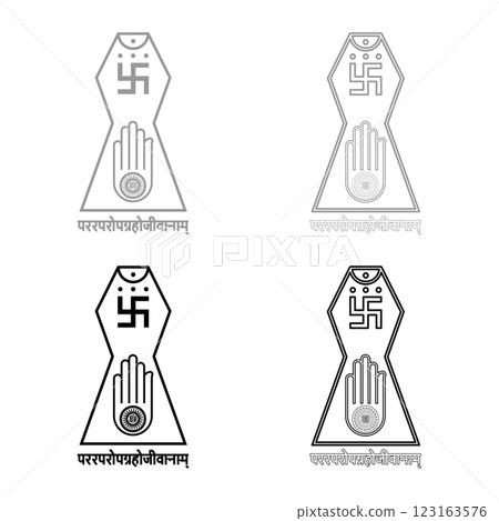 Symbol Jainism emblem Jain Prateek Chihna Hand Akhimsa Ahimsa arm religion Dharma Ahinsa Mahavir Jayanti set icon grey black color vector illustration image solid fill outline contour line thin flat 123163576