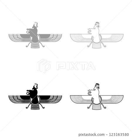 Zoroastrism religion Faravahar Zorostrian symbol Parsi set icon grey black color vector illustration image solid fill outline contour line thin flat style 123163580