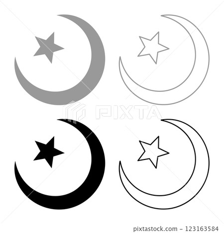 Symbol Alem Islam Halfmoon Arabic moon and star set icon grey black color vector illustration image solid fill outline contour line thin flat style Symbol Alem Islam Halfmoon Arabic moon and star set icon grey black color vector illustration image solid fill outline contour line thin flat style 123163584