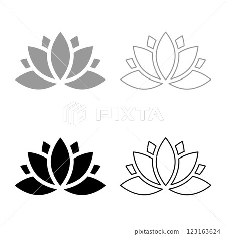 Lotus lily water flower set icon grey black color vector illustration image solid fill outline contour line thin flat style Lotus lily water flower set icon grey black color vector illustration image solid fill outline contour line thin flat style 123163624