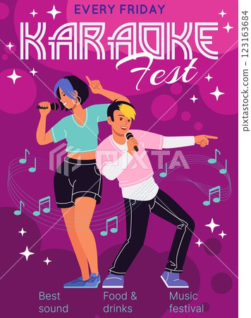 karaoke fest banner. People on musical festival, young teen hold microphone and singing songs on party. Poster design. Entertainment show flyer. Vector cartoon flat isolated contemporary illustration 123163684