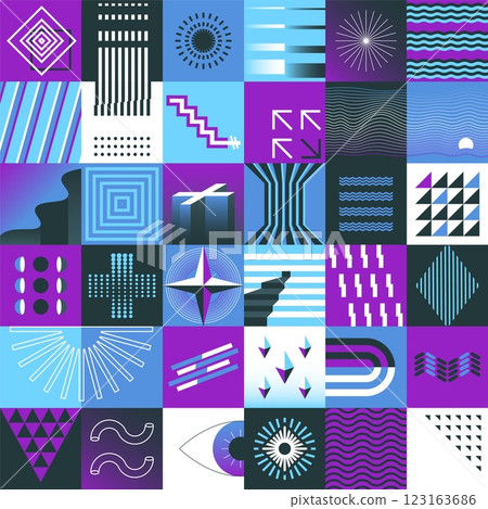 Abstract shapes. Geometric figures. Bauhaus block collage. Brutalist line symbols. Squares mosaic cover. Curve stripes pattern. Arrows and crosses. Minimalist concentric circles. Vector background Abstract shapes. Geometric figures. Bauhaus block collage. Brutalist line symbols. Squares mosaic cover. Curve stripes pattern. Arrows and crosses. Minimalist concentric circles. Vector background 123163686