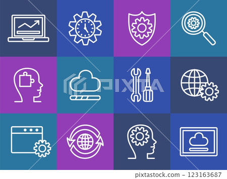 Software icons. Computer technology. Web security shield. Global network connection. Internet cloud. Digital datacenter. Cyber microchip. Laptop repair. Squares collage. Vector line pictograms set Software icons. Computer technology. Web security shield. Global network connection. Internet cloud. Digital datacenter. Cyber microchip. Laptop repair. Squares collage. Vector line pictograms set 123163687