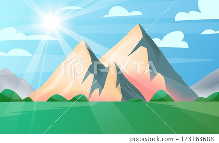 Mountain landscape. Summer nature. Sunny day. Rock peaks. Ridge scenery. Forest trees. Hiking travel. Green hills meadow. Sun beams. Sky clouds. Sunlight rays. Scenic wild panorama. Vector background Mountain landscape. Summer nature. Sunny day. Rock peaks. Ridge scenery. Forest trees. Hiking travel. Green hills meadow. Sun beams. Sky clouds. Sunlight rays. Scenic wild panorama. Vector background 123163688