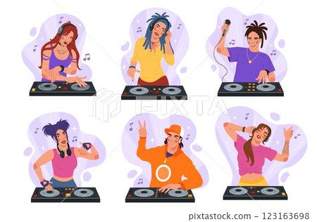 DJ music in nightclub. Disc jockey. Vinyl disco party. Young character at table playing melody sounds. Dance stage. Club nightlife. Artist in headphones at electronic mixer. Vector tidy musical set DJ music in nightclub. Disc jockey. Vinyl disco party. Young character at table playing melody sounds. Dance stage. Club nightlife. Artist in headphones at electronic mixer. Vector tidy musical set 123163698