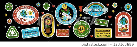 Earth sticker. Eco character. World day. Retro style environment. Y2K planet with flower. Green globe with cute smile face. Recycle label. Peace save badge. Renewable energy. Vector cartoon icons set Earth sticker. Eco character. World day. Retro style environment. Y2K planet with flower. Green globe with cute smile face. Recycle label. Peace save badge. Renewable energy. Vector cartoon icons set 123163699