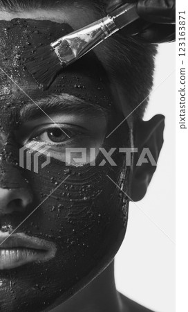 Monochrome close-up of man with dark facial mask being applied using brush, intense gaze directed forward against white studio background. 123163871