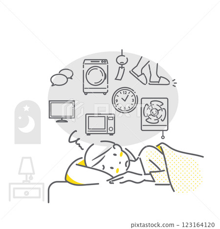 A woman who can't sleep because of noise - simple and stylish line drawing illustration A woman who can't sleep because of noise - simple and stylish line drawing illustration 123164120