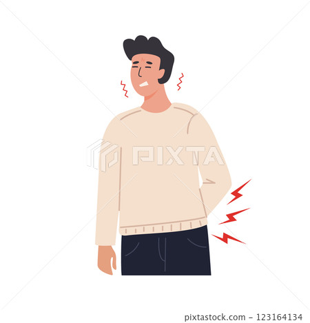 Young man suffering from lower back pain, holding his waist with a pained expression. Medical concept of spinal problems, muscle strain, or kidney pain. Flat Style Vector Illustration. Young man suffering from lower back pain, holding his waist with a pained expression. Medical concept of spinal problems, muscle strain, or kidney pain. Flat Style Vector Illustration. 123164134
