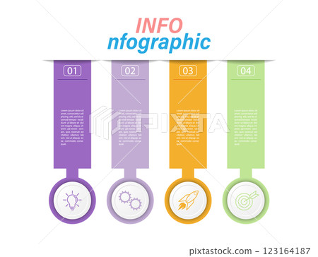 4 stages of development, improvement or training. Infographics with visual action icons for business, finance, project, plan or marketing. Flat vector style 4 stages of development, improvement or training. Infographics with visual action icons for business, finance, project, plan or marketing. Flat vector style 123164187