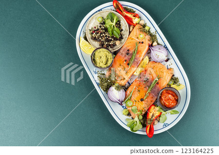 Two uncooked, raw salmon fillets. 123164225