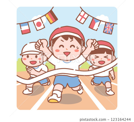 小學生在運動會上衝過終點線 小學生在運動會上衝過終點線 123164244