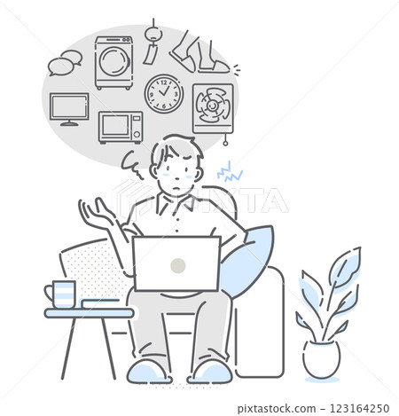 一個因為噪音而無法集中精力在家工作的男人 — — 簡單而時尚的線條畫插圖 123164250