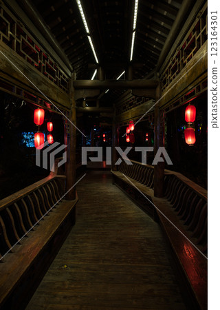 Ancient Chinese Lantern Pathway at Night 123164301