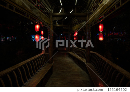 Ancient Chinese Lantern Pathway at Night 123164302