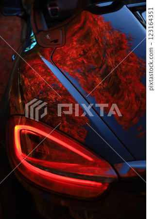 A black convertible and autumn leaves reflected in it A black convertible and autumn leaves reflected in it 123164351