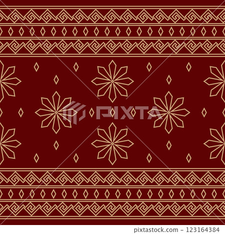 Seamless gold ornament on a red background. The composition of colorful elements creates a seamless pattern. National ornament. Idea for textiles, textures, prints, wallpapers, clothes and interior, 123164384