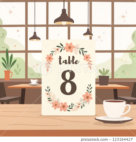 Cozy dining area with floral table number and warm ambiance in a cafe setting Cozy dining area with floral table number and warm ambiance in a cafe setting 123164427