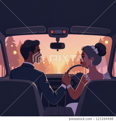Couple enjoying a romantic drive at sunset in a wedding attire while holding hands 123164498