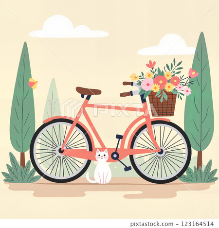Bicycle with flowers and a cat in a serene outdoor setting during a sunny day 123164514
