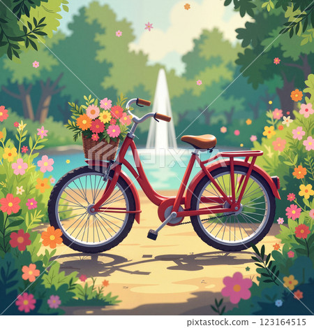 A charming red bicycle with a flower basket stands on a path by a serene fountain surrounded by blooming flowers in a sunny park 123164515