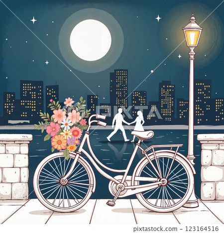 City waterfront at night with a bicycle and flowers, illuminated by a street lamp and a couple walking hand in hand 123164516
