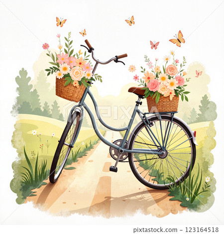 Colorful bicycle with flower baskets stands on a sunny country path surrounded by greenery and butterflies Colorful bicycle with flower baskets stands on a sunny country path surrounded by greenery and butterflies 123164518
