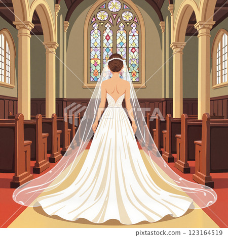 Bride in wedding dress poses in church with stained glass windows, ready for ceremony 123164519