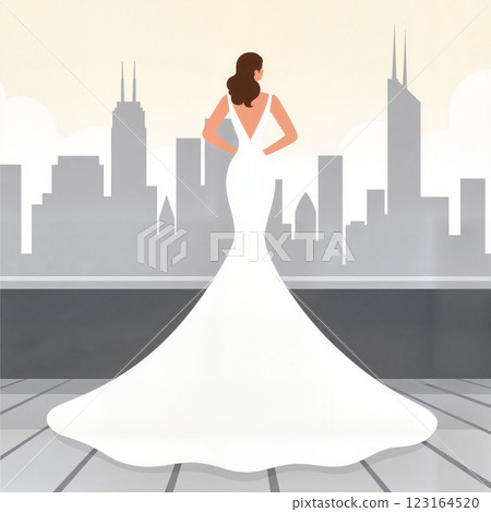 Elegant bride in white gown overlooking a city skyline at sunset with skyscrapers in the background Elegant bride in white gown overlooking a city skyline at sunset with skyscrapers in the background 123164520