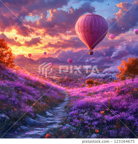 Hot Air Balloons Over a Lavender Field Hot Air Balloons Over a Lavender Field 123164675