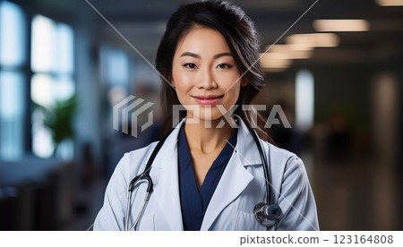 confident female doctor with a warm smile. She is dressed in a white lab coat with a stethoscope draped around her neck, representing professionalism and healthcare, medical care, trust 123164808
