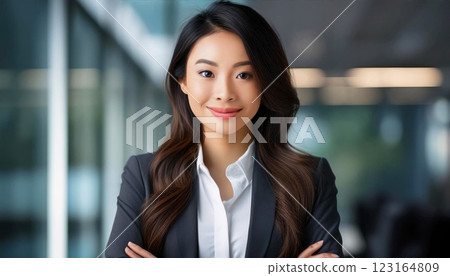businesswoman in a modern office setting. She is smiling, dressed in professional attire, and standing with arms crossed, conveying leadership and professionalism, creative office space 123164809