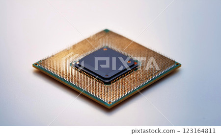 a modern microchip processor with intricate gold connectors on a white background, symbolizing advanced computing, artificial intelligence, and semiconductor technology, electronic circuits 123164811
