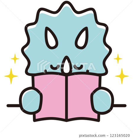 Illustration of a baby triceratops reading a book, eyes closed, sparkling Illustration of a baby triceratops reading a book, eyes closed, sparkling 123165020