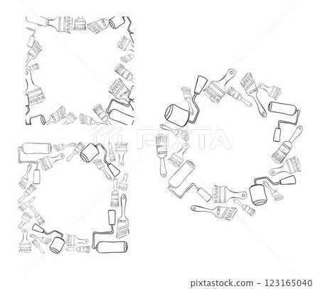 Painter tools circle round square frame set. Graphic line ink Vector illustration paint can opener, color can, apron, bucket, can, Brush, Roller, Paint tray, Masking tape, Ladder, Step ladder 123165040