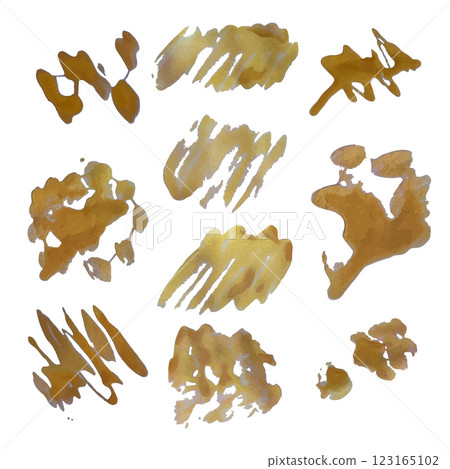 Gold brush strokes on white background, acrylic gold glitter blotches 123165102