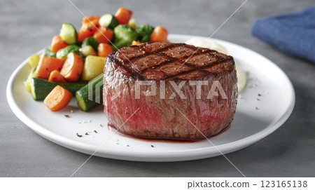Delicious grilled beef steak with veggies on white plate. Concept of gourmet dining, fine cuisine, protein-rich meals, culinary arts, food presentation, meat 123165138