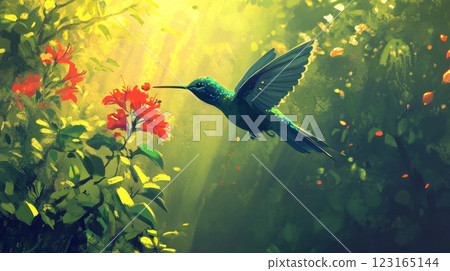 Vivid green and blue hummingbird mid-flight near red flowers in sunlit jungle. Concept of nature beauty, exotic wildlife, tropical birds, vibrant ecosystems 123165144