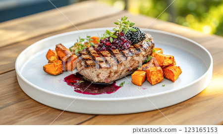 Grilled kangaroo steak with berry sauce and roasted sweet potatoes on white plate. Concept of gourmet cuisine, unique dining, exotic meats, culinary adventure, meat 123165153