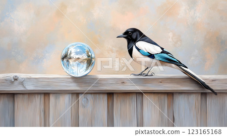 Watercolor illustration of magpie perched on fence with crystal ball reflecting landscape. Concept of nature, wildlife, art, beauty, inspiration, bird 123165168