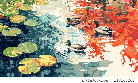 Pop Art Illustration of Ducks Swimming in a Colorful Pond with Lilypads Concept of Nature, Wildlife, Vibrant Art 123165202