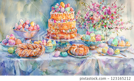 Watercolor Art of a Beautifully Set Easter Table with Cake and Decorated Eggs Concept of Spring Celebration Holiday Decorations Festive Dessert Watercolor Art of a Beautifully Set Easter Table with Cake and Decorated Eggs Concept of Spring Celebration Holiday Decorations Festive Dessert 123165212