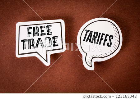 Tariffs and Free Trade. Two speech bubbles on a brown background Tariffs and Free Trade. Two speech bubbles on a brown background 123165348