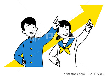 Male and female students pointing at an upward arrow and into the distance 123165362