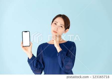 Woman, casual, portrait, smartphone, worries 123165718