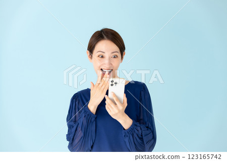 Woman, casual, portrait, smartphone, surprised, smiling Woman, casual, portrait, smartphone, surprised, smiling 123165742